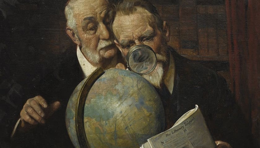 Obra: "Two Men Consulting the Globe (1922)", por Norman Rockwell (1894 - 1978).