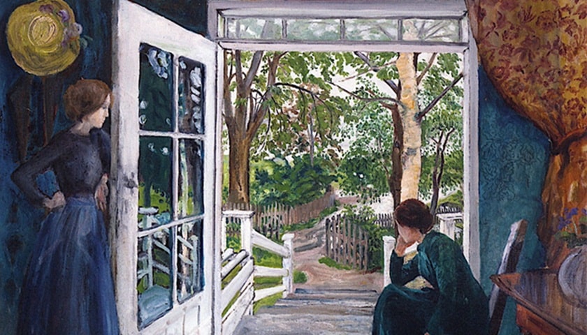 Obra " By the Open Door" (1928) por Nikolai Astrup (1880 - 1928).