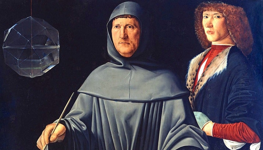 Obra: "Portrait of Luca Pacioli" (1495–1500), atribuído ao pintor italiano Jacopo de' Barbari (? - 1516).