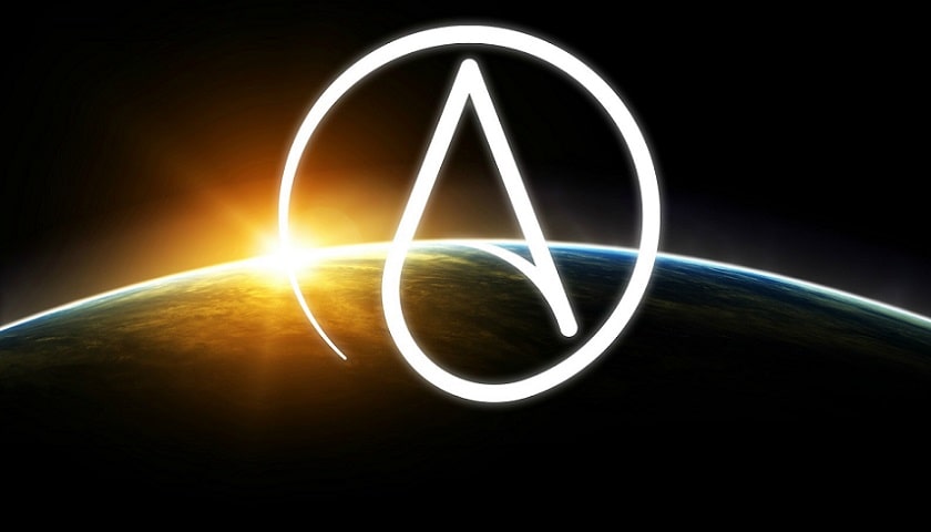 Símbolo do Ateísmo (desenhado entre o espaço e a silhueta da terra)