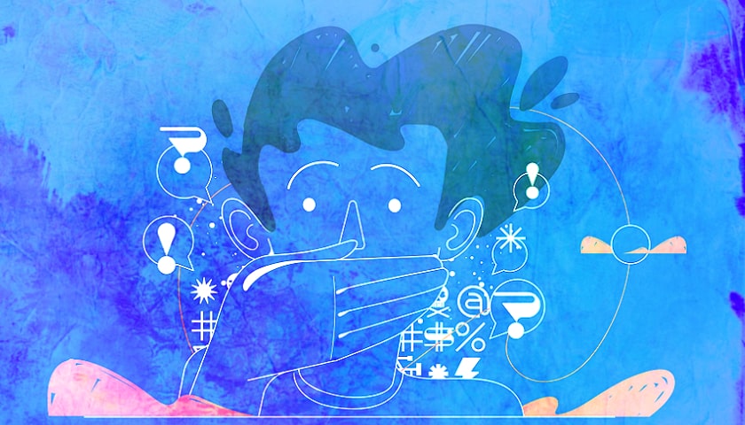 Cale-se (cartoon com personagem cobrindo a boca, imagem com tons de azul e vermelho).