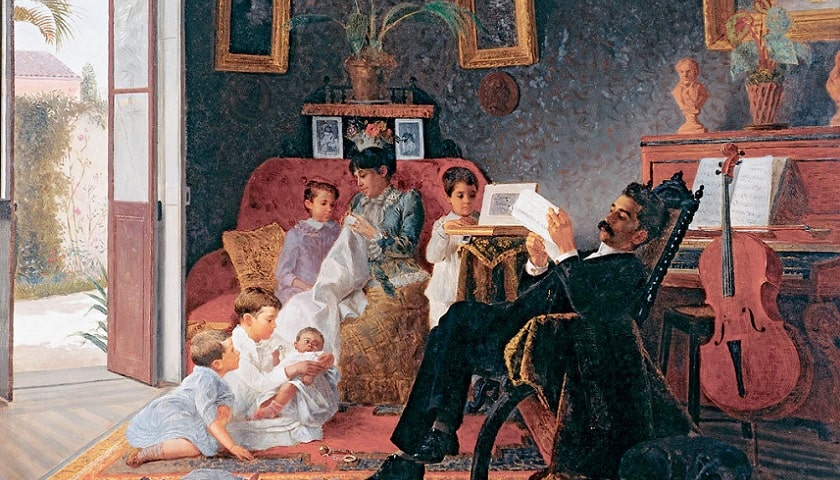 Recorte da obra: "Cena de Família", por Adolfo Augusto Pinto. Óleo sobre tela (1891).