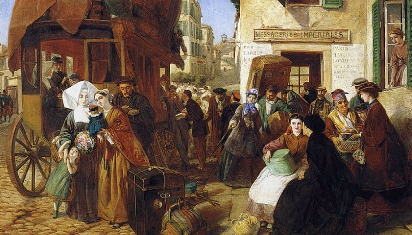 Quadro de Abraham Solomon (1823 – 1862) retratando a partida da mala postal de Biarritz (País Basco francês) durante o Império de Napoleão III. O correio da época transportava também pessoas e mercadorias.