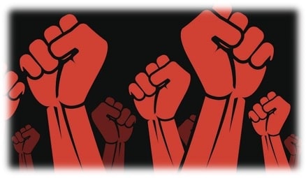 Mãos Cerradas (simbolizando comunismo/socialismo). Mãos em vermelho; fundo preto.