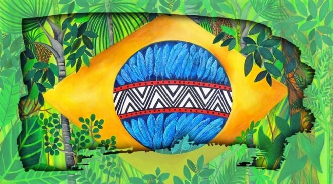Bandeira do Brasil formada por elementos da Amazônia.