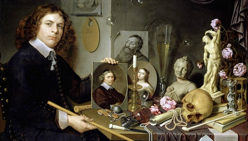 obra “Vanitas Still-life with a Portrait of a Young”, criada pelo pintor holandês David Bailly (1584 – 1657) em 1651.