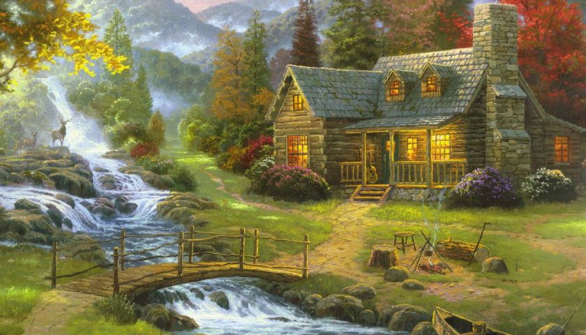 Obra: "House Near River", por Thomas Kinkade (1958 - 2012): pintor norte-americano.