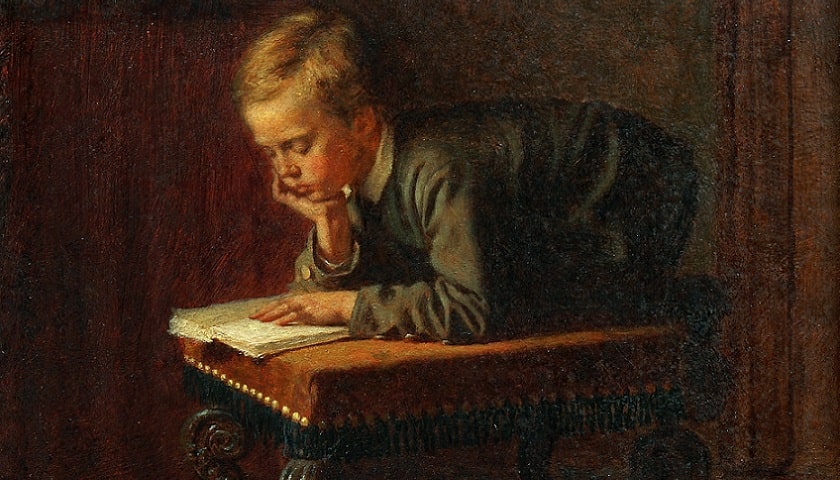 Recorte da obra: "Reading Boy", criada em 1863 pelo pintor estadunidense Eastman Johnson (1824 - 1906).