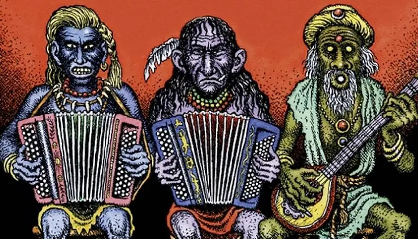 Capa do CD "Tribal Musette", da banda ''Les Primitifs du Futur''. Arte gráfica de Robert Crumb.