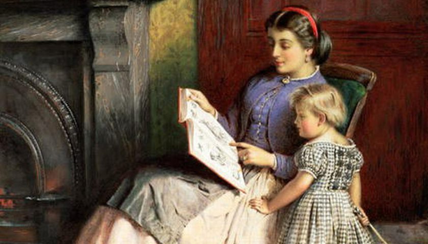 Recorte da obra: "Mother reading to her child", criada pelo pintor inglês George Goodwin Kilburne (1839 - 1924).