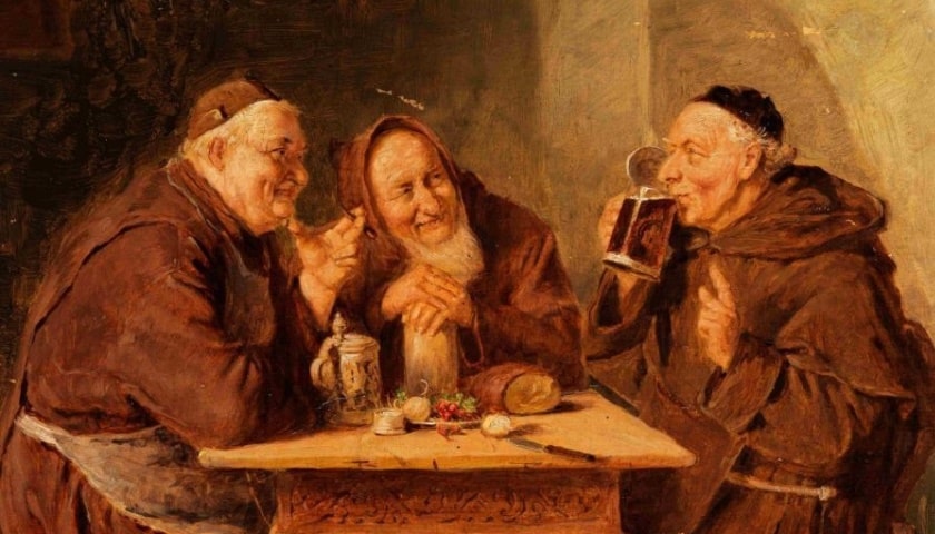 Recorte da obra: "Three Monks", criada pelo pintor alemão Eduard von Grutzner (1846 - 1925).