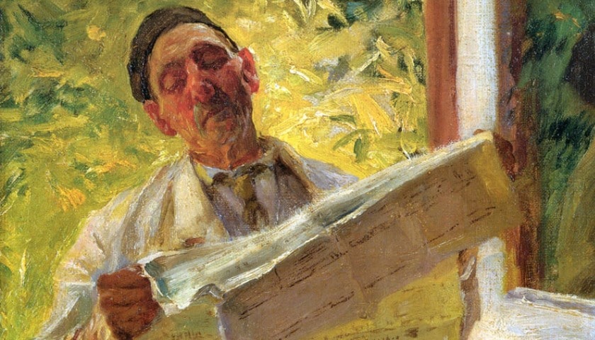 Recorte da obra: "Lendo o jornal", criada em 1905 pelo pintor, desenhista e professor português José Vital Branco Malhoa (1855 - 1933).