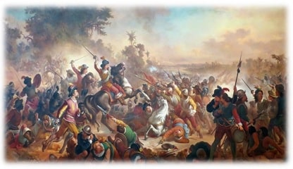 Batalha dos Guararapes, obra de Victor Meirelles (1832 – 1903), confeccionada em 1879. Técnica: Óleo sobre tela. Dimensões: 4,94 x 9,23 metros.