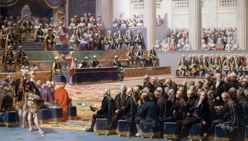 Recorte da obra "Seduta d'ouverture de l'Assemblée des états généraux , 5 mai 1789", criada pelo pintor francês Couder Auguste (1789 - 1873).