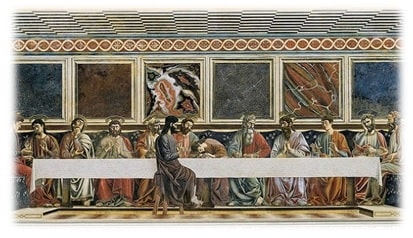 Recorte da obra: "Última Ceia". Trata-se de um afresco da artista renascentista italiana Andrea del Castagno (1423 - 1457), localizada no refeitório do convento de Sant'Apollonia, agora o Museo di Cenacolo di Sant'Apollonia. A obra foi criada entre 1445 e 1450.