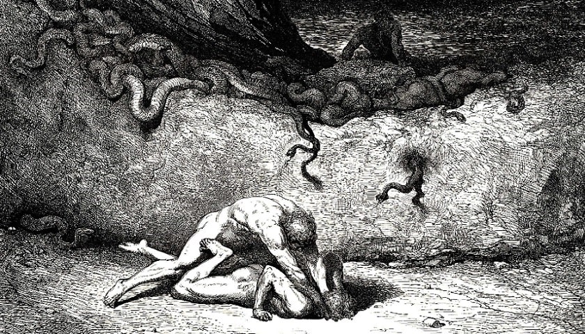 Obra: "Inferno, Canto XXX", pertencente a série "The Divine Comedy". Por Gustave Doré (1832 - 1883).