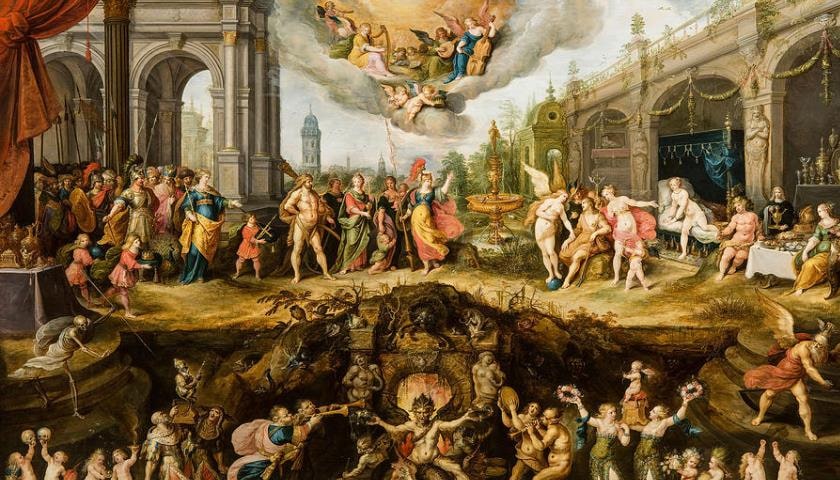 Obra: "Mankind's Eternal Dilemma, The Choice Between Virtue and Vice" (1633), por Frans Francken the Younger (1581 - 1642).