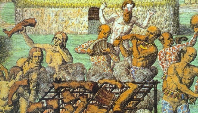 Gravura: "Cena do canibalismo" (1592), de Théodore de Bry (1528 - 1598).