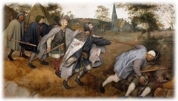Obra: "The Blind Leading the Blind" (1568), de Pieter Bruegel the Elder (1525 ou 1530 - 1569). Tamanho pequeno com bordas esfumaçadas.