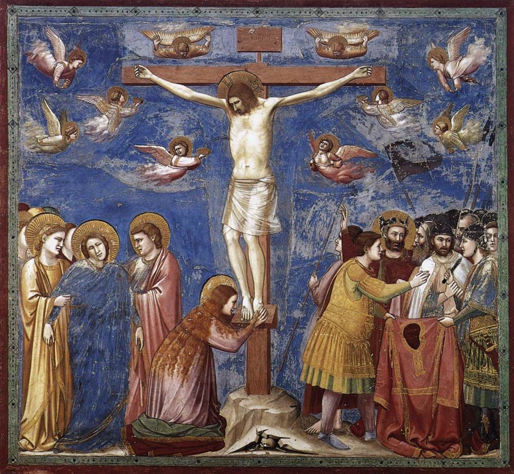 Afresco Crucifixão de Jesus, pintado pelo artista italiano da época medieval, Giotto di Bondone (1267 – 1337), na Capela degli Scrovegni, Pádua (Itália), entre 1304 e 1306.