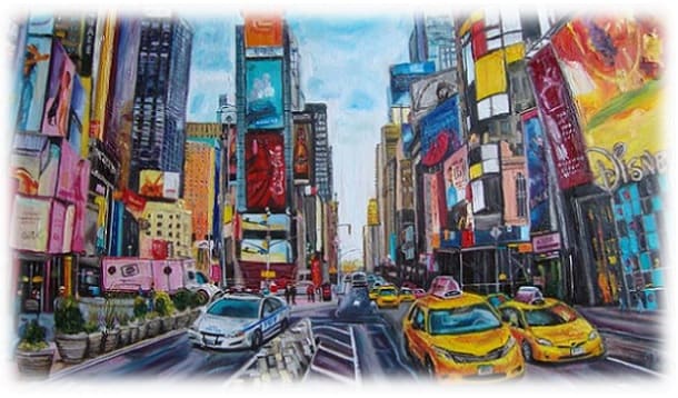Obra "New York, Times Square", por Olga Knezevic.. Tamanho Pequeno e Cantos Esfumaçados.