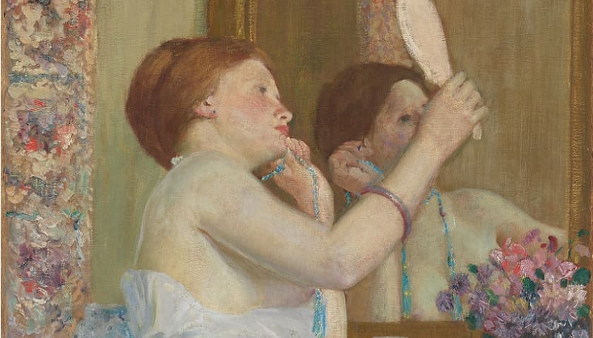 Obra: "Woman with a Mirror" (1911), por Frederick Carl Frieseke (1874–1939).