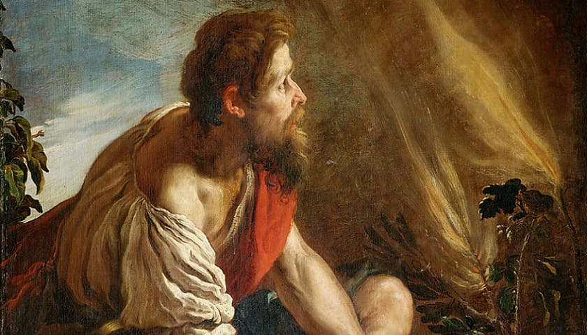 Obra "Moisés diante da sarça ardente" (c. 1613 - 1614), por Domenico Fetti (1589 - ?).