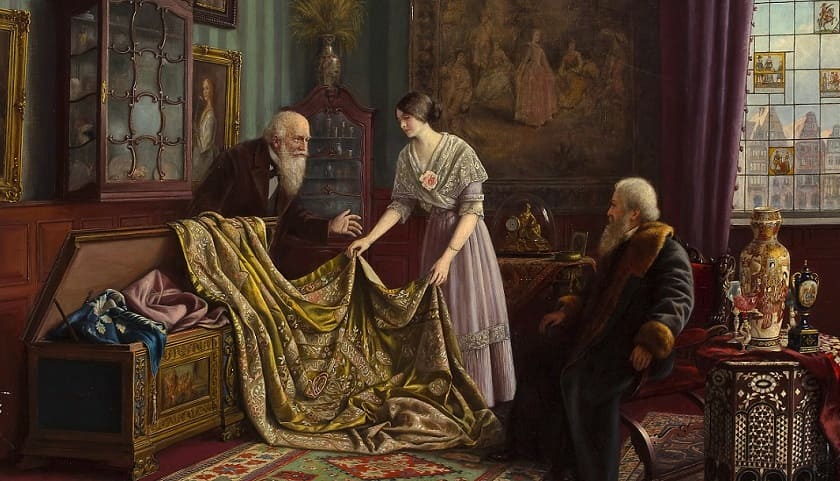 Obra: "At the Antique Dealer's Shop" (1919), por Carl Johann Spielter (1851 - 1922)