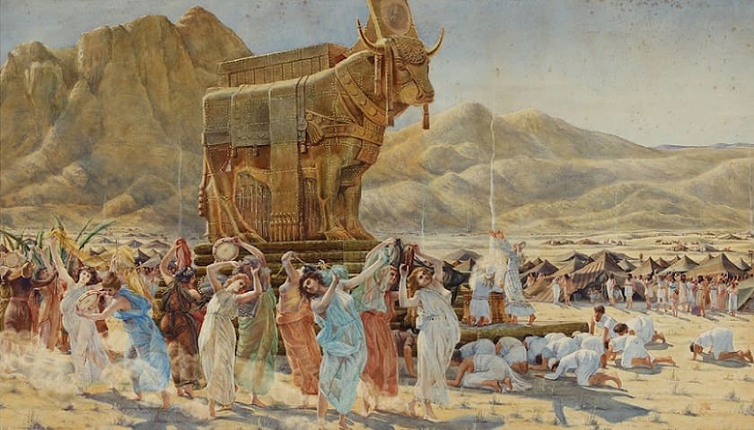 Obra: "The Israelites Dancing Aroung the Golden Calf" (1899), por Henri Paul Motte (1846-1922).