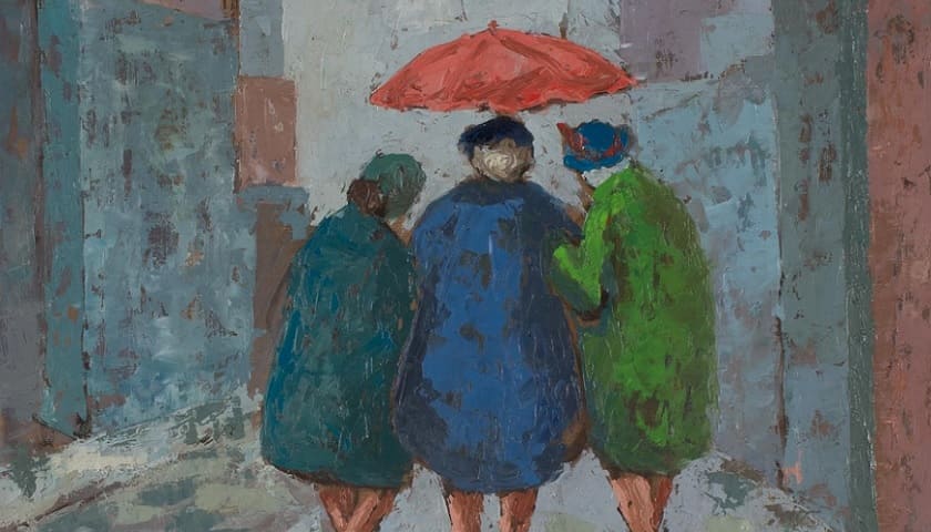 Obra: "Three Women Sharing an Umbrella" (1968), por James C. Rinehart.