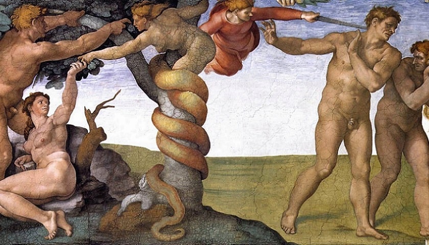 Seção denominada: “A tentação e a expulsão”, pertencente ao extenso afresco da Capela Sistina concebido por Michelangelo (1475 – 1564).
