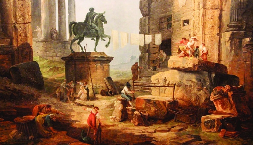 Obra: "Antique Capriccio with the Statue of Marcus Aurelius" (1784), por Hubert Robert (1733 - 1808).