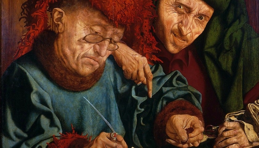 Recorte da obra: "O cobrador de impostos", de Marinus van Reymerswaele (1490–1546).
