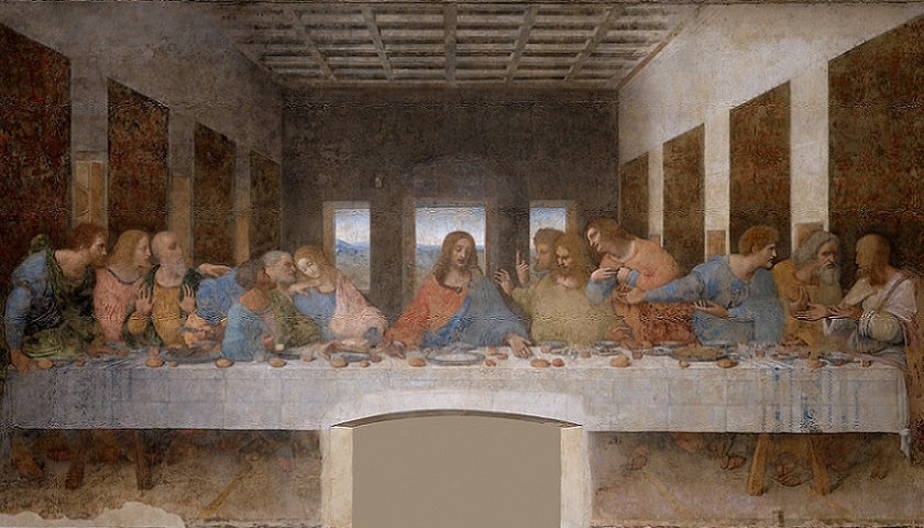 Obra: afresco "A última ceia" (1495 - 1498), de Leonardo da Vinci (1452 - 1519). Obrado em uma parede do antigo refeitório dos monges no Convento de Santa Maria Delle Grazie, em Milão (Itália).