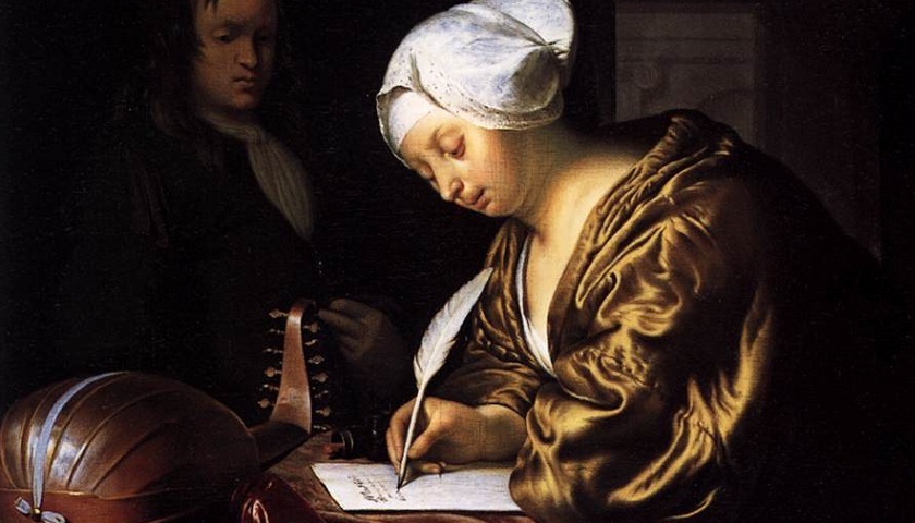 Obra: "Woman Writing a Letter" (1680), por Frans van Mieris the Elder (1635 - 1681).