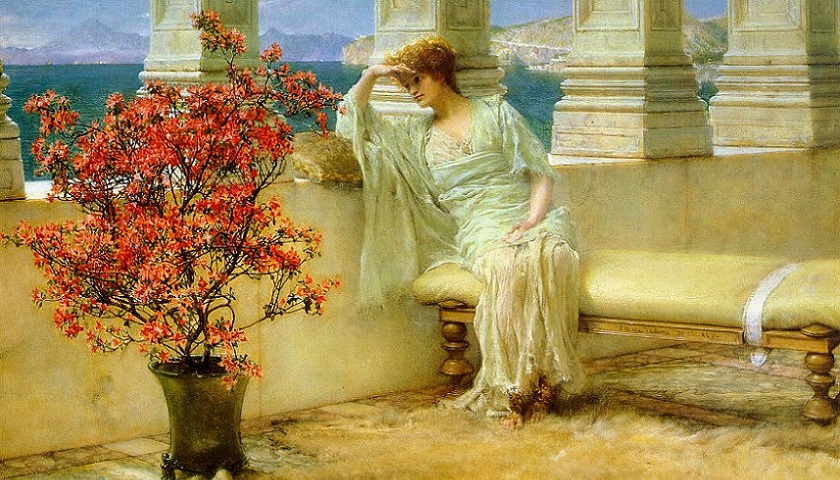 Obra: "Her eyes are with her thoughts and they are far away" (1897), por Sir Lawrence Alma-Tadema (1836 - 1912).