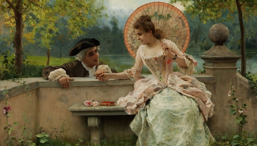 Obra "A tender moment in the garden", por Federico Andreotti (1847-1930).