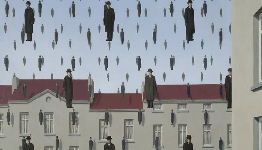 Obra: "Golconda" (1953), por René Magritte (1898 - 1967).