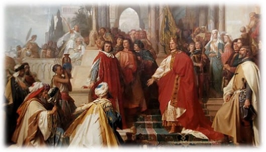 Recorte da obra: "The Court of Emperor Frederick II in Palermo", por Arthur von Ramberg (1819 - 1875). Cantos esfumaçados.