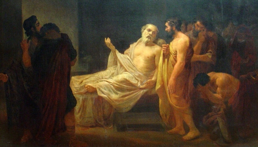 Obra: "A morte de Sócrates" (1878), por José Maria de Medeiros (1849 – 1925).