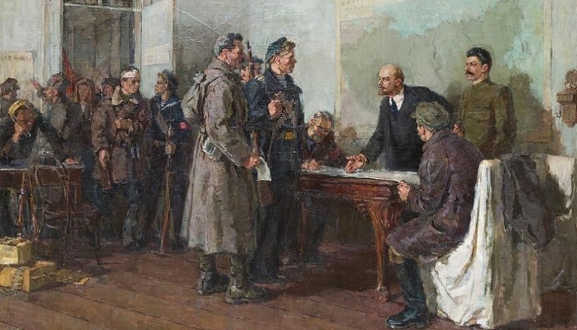 Obra: "O quartel-general da revolução" (1935), por Sergei Gerasimov (1885 - 1964).