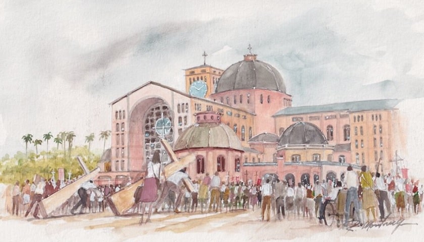 Panorâmica da Basílica - Aquarela de Aparecida. Por Ricardo Montenegro.