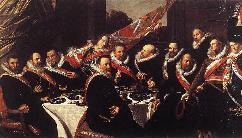 Pintura: "Banquete dos Oficiais da Guarda Cívica de São Jorge" (1616), de Frans Hals (1582/1583–1666).