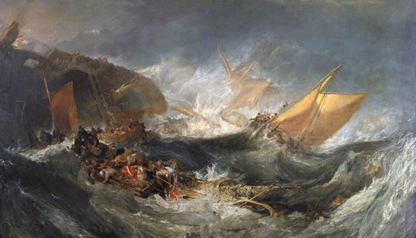 Obra: "Naufrágio de um Cargueiro" (1810), por Joseph Mallord William Turner (1775 - 1851).