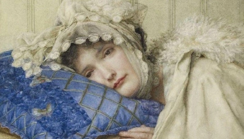 Obra: "Girl in a bonnet with her head on a blue pillow" (1902), de Alma Tadema (1836 - 1912).