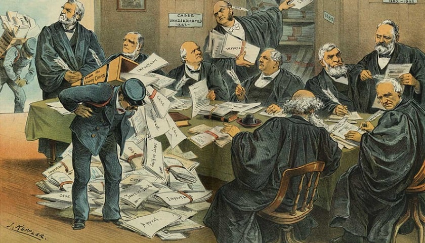 Obra: "Our Overworked Supreme Court" (1885), por J. Keppler (1838 - 1894).