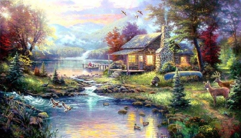 Obra: "Farmhouse Mountain Lake Nature", de Thomas Kinkade (1958 - 2012).