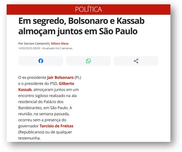 Em segredo, Bolsonaro e Kassab almoçam juntos em São Paulo