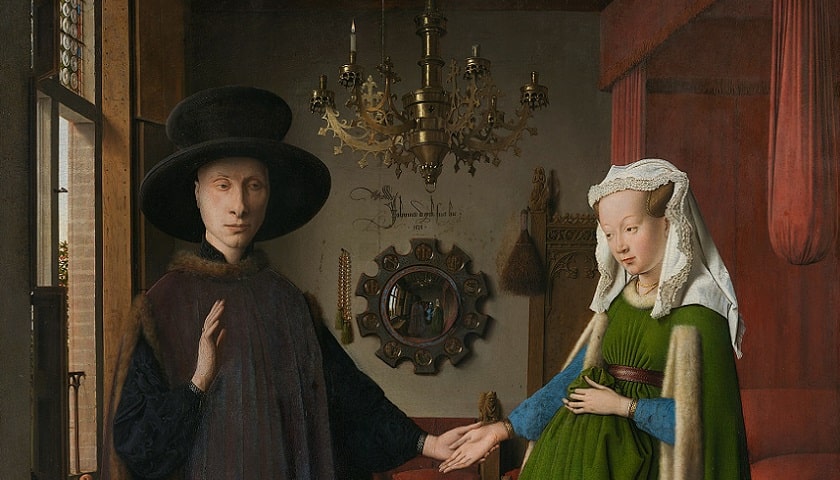 Obra: "Retrato de Giovanni Arnolfini e sua Esposa" (1434), de Jan van Eyck (1390 - 1441). À primeira vista, parece um retrato tradicional de um casal, mas o espelho ao fundo revela mais do que a cena principal mostra. A figura do próprio pintor e detalhes ocultos na sala só podem ser vistos através do reflexo.