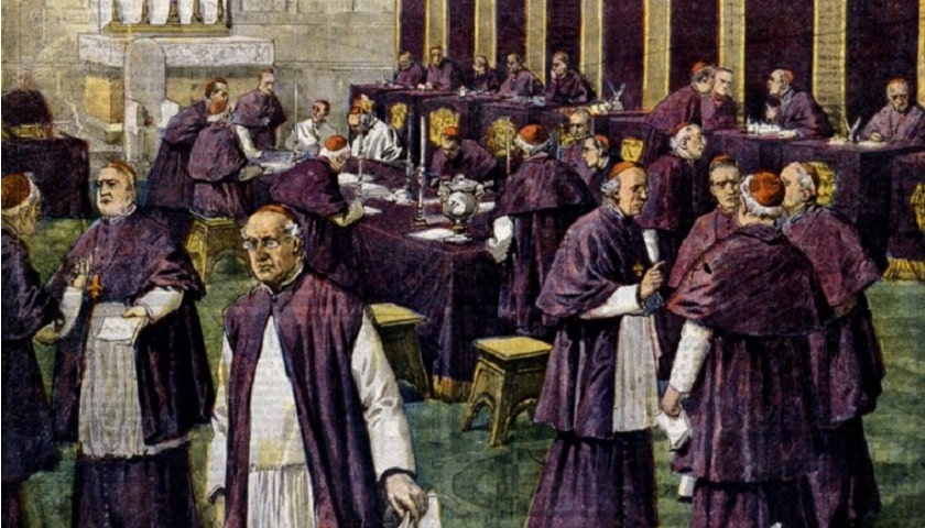 Obra: "Conclave in the Sistine Chapel for the election of the new Pope" (1903), por Achille Beltrame (1871 - 1945).